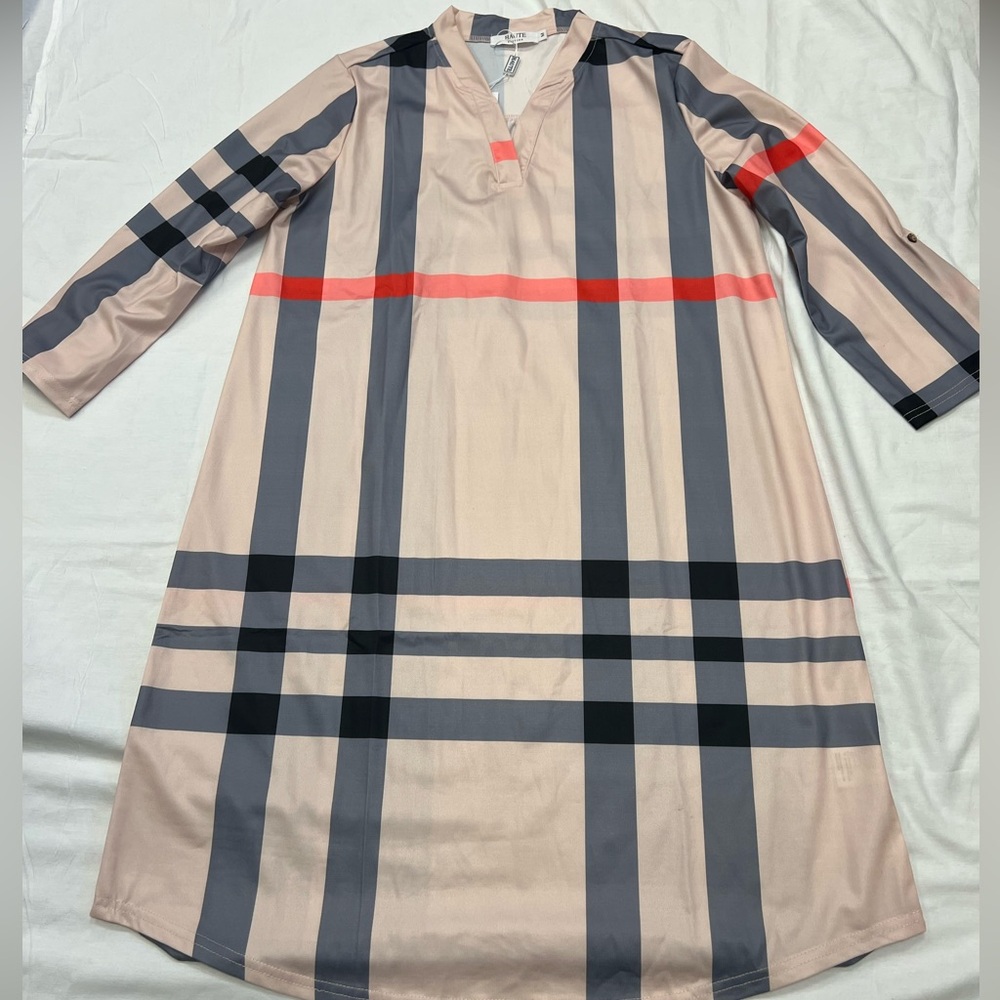NWT Haute Edition Plaid A-Line Long Sleeve Dress - Beige,Black & Red Stripes med